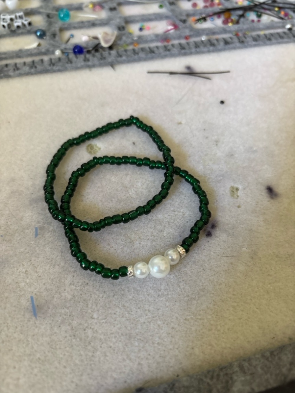 Emerald Pearl Beaded Bracelet Set | Vintage Glam Art Deco Inspired Duo 9” - Picture 4 of 5
